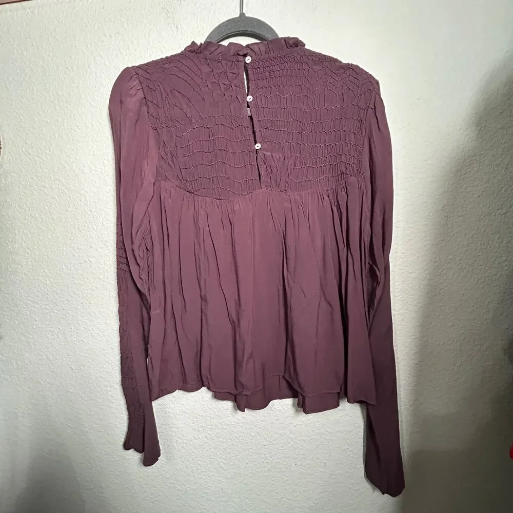 NEW Free People Smocked In Time Long Sleeve Top Plum Dark Academia Size Medium